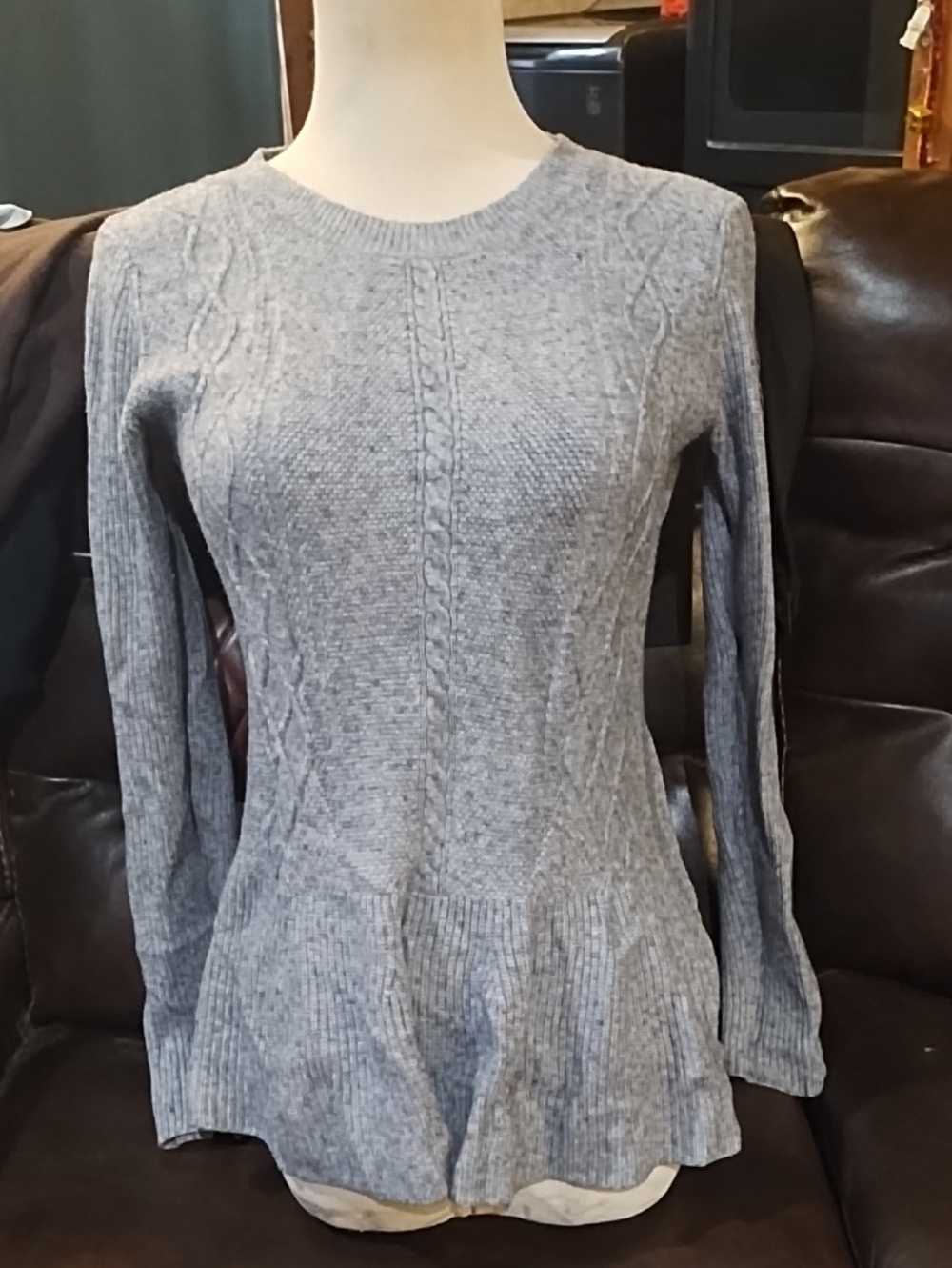 Cyrus Light Gray Cable-Knit Peplum Crew Sweater